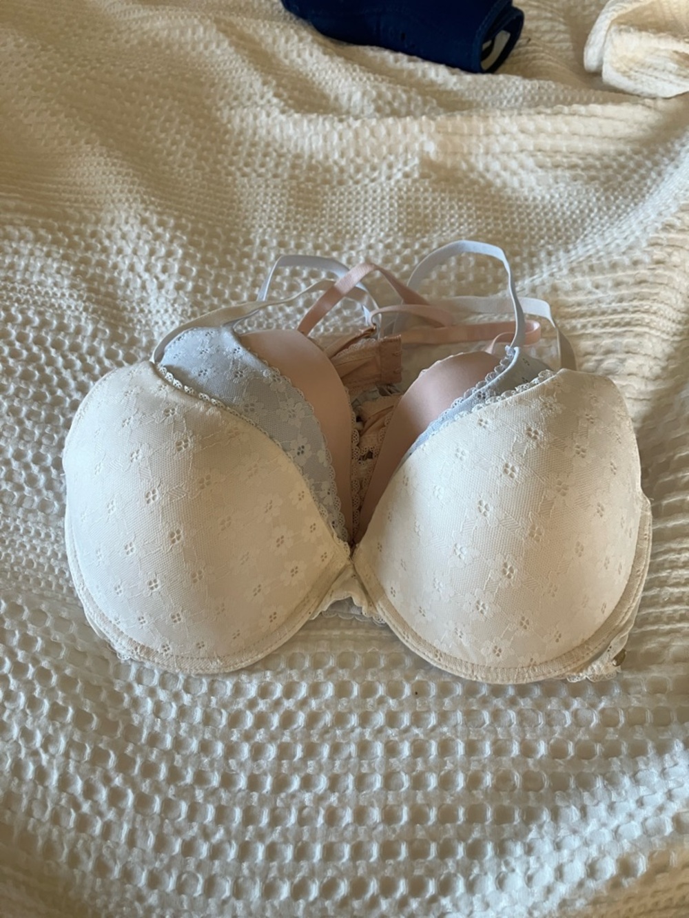 Women's Lace-Detail  Bra - Cream, blue and pink.